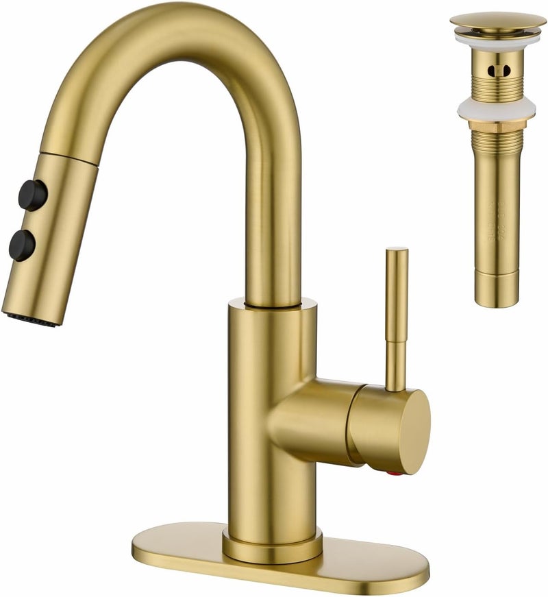 Kablle Bathroom Sink Faucet with Pull Down Sprayer, Brushed Gold Single Handle Pull Out Faucet with Pop-Up Drain, 1 or 3 Hole Laundry Bar Basin Faucet with Deck Plate, KBL-7002BG-CL - Image 1
